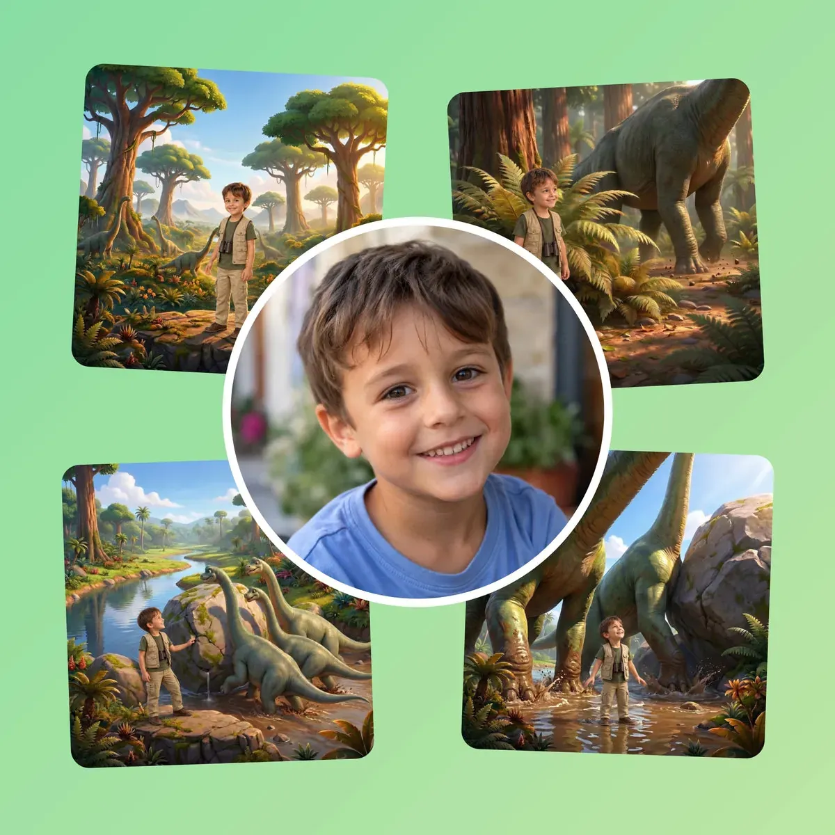 Al centro la foto del bambino, intorno quattro scene del libro in cui esplora la valle dei dinosauri