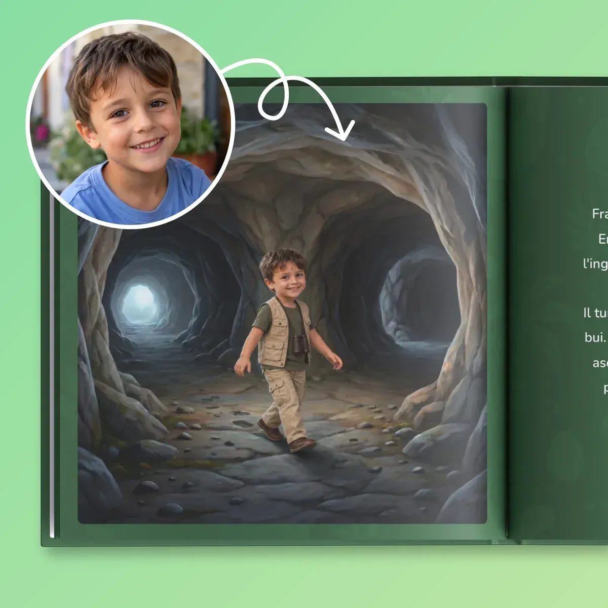 Dalla foto alla pagina: il bambino entra nella grotta buia del suo libro sui dinosauri